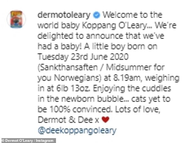 Baby joy!  Dermot revealed that his wife Dee had given birth to their first child in an Instagram post in June 2020, posting a sweet photo of a personalized baby clothes.