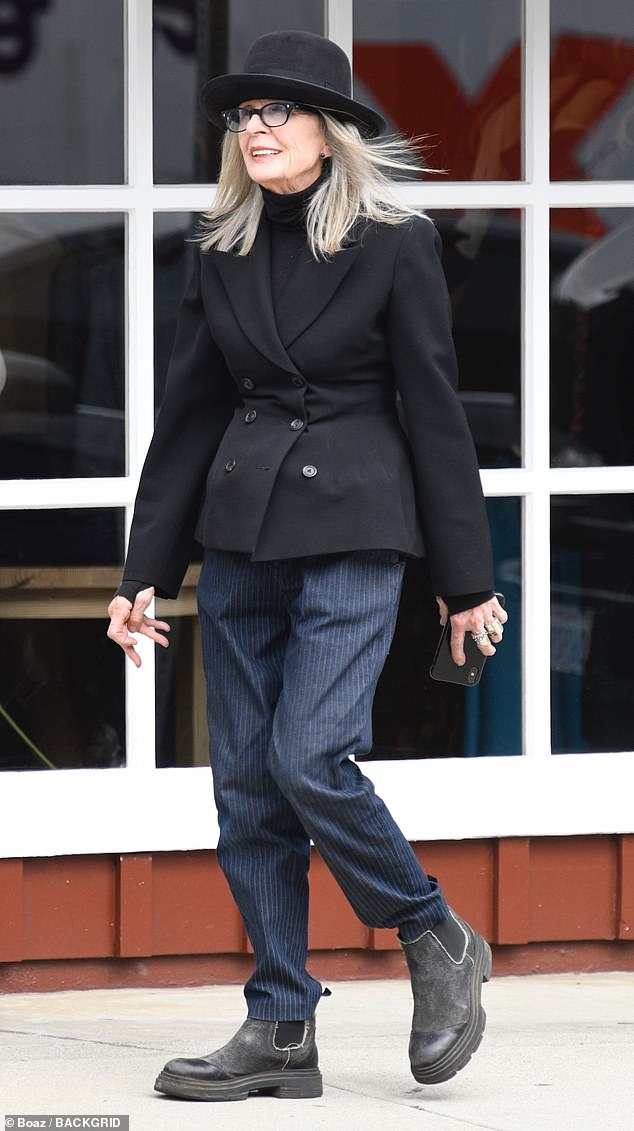 Unique: Diane Keaton, 77, showed off her style as she stepped out for coffee with a friend in the Brentwood neighborhood of Los Angeles