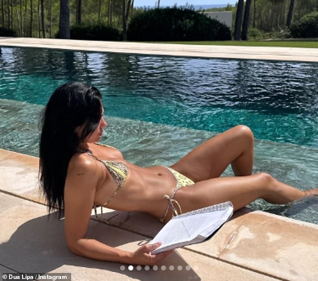 Wow!  Dua previously got the pulse racing in a skimpy gold bikini as she lounged by the pool during her sultry break