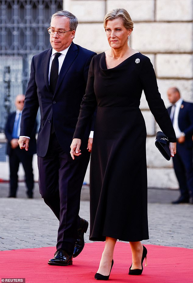 The royal, 57, put on a somber display as she attended the official ceremony in Montecitorio Square in Rome, Italy