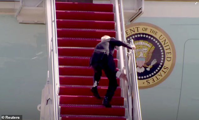 Joe Biden falls on the stairs while boarding Air Force One at Joint Base Andrews, Maryland