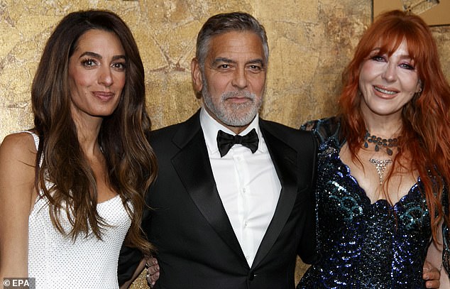 Beauty mogul Charlotte Tilbury (far right) wowed in a statement dress.  Charlotte is pictured here with Amal and George Clooney