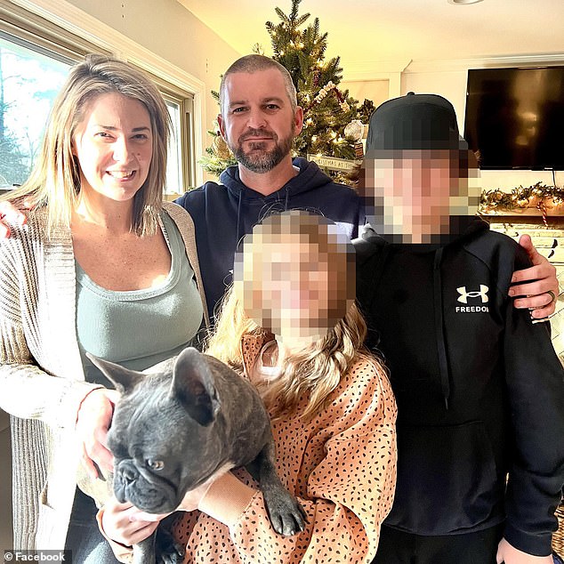 A recent photo of the Ashleigh with her husband, two children and family dog.  According to documents, Watts was willing to throw away her perfect life in the suburbs by lusting after the twin teenagers who lived across the street and were buddies with her 13-year-old son.