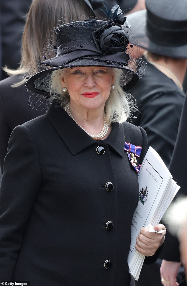 The Queen's dresser, Angela Kelly (pictured at the Queen's funeral), known to some as 'AK-47', reportedly did not respond to Harry's messages about Meghan's chosen tiara