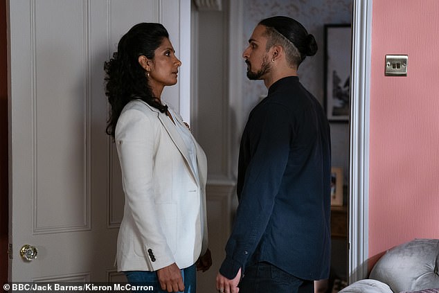 Tense: Suki Panesar hid the truth from Ravi Gulati about Nugget's mysterious disappearance during Tuesday's EastEnders