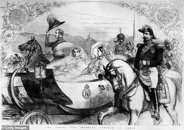 Queen Victoria in her carriage, right, and Emperor Napoleon III, right, during the Queen's visit to Paris in 1855. This was the first visit to France by a British monarch in 400 years