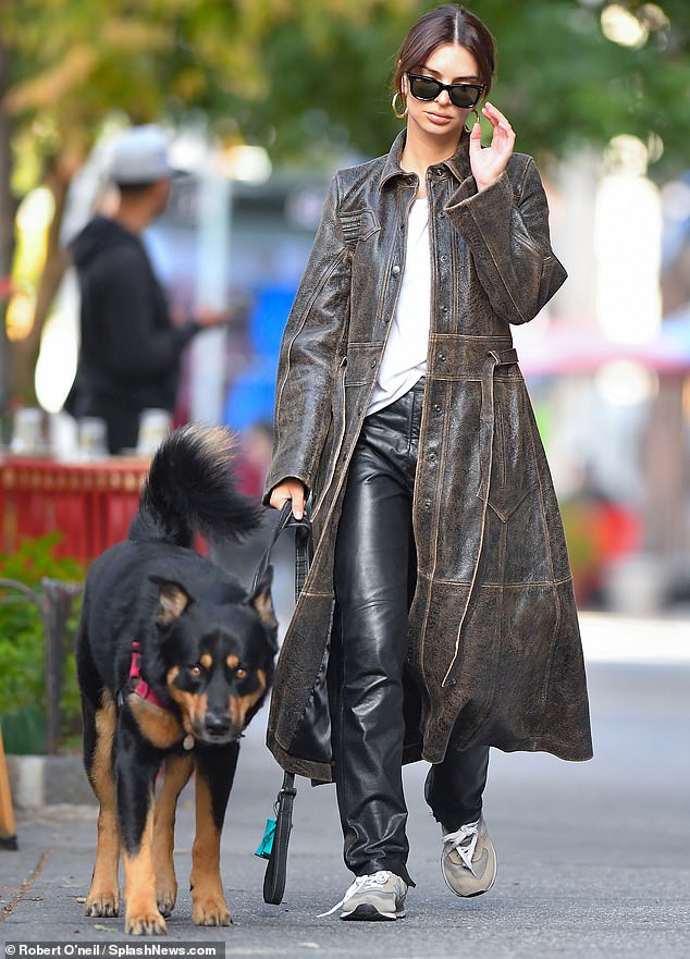 Out and about: Emily Ratajkowski was pictured taking her dog Colombo for a walk in New York City on Wednesday morning