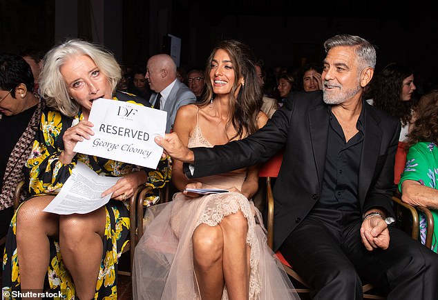 Loving life: Emma Thompson put on a typically crazy display as she walked around with Amal and George Clooney at the DVF Awards at the Venice Film Festival on Thursday