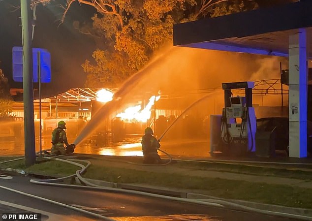 The Metro Petroleum station in Fairfield, west of Sydney, caught fire early on Wednesday evening as more than 50 firefighters worked to put out the blaze.