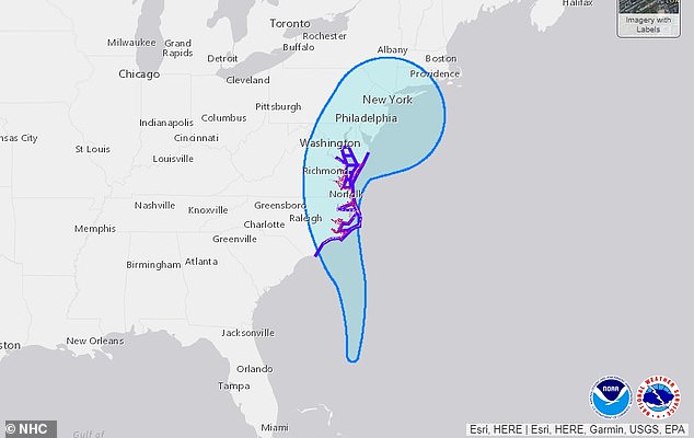 The National Hurricane Center has issued a tropical storm warning for areas including Cape Fear, Albemarle and Pamlico Sound in North Carolina, as well as southern Delaware, southeastern Virginia and parts of the Chesapeake Bay.