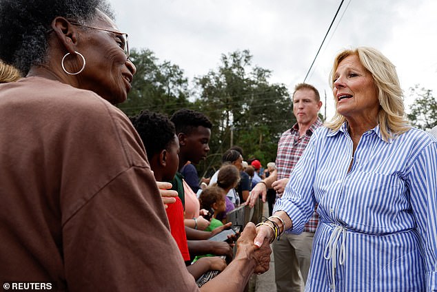 The first lady tested positive on Monday evening.  Pictured: Jill greets Florida residents after Hurricane Idalia on Saturday, September 2