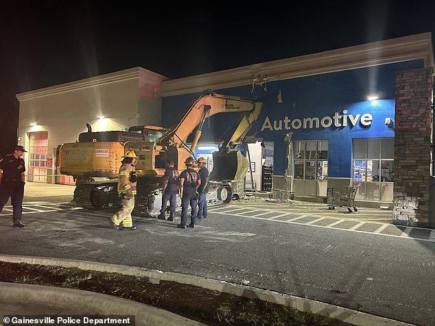A man stole a backhoe and took it on a bizarre joyride, knocking down utility poles before crashing into the southwest wall of the Walmart Supercenter in Gainesville