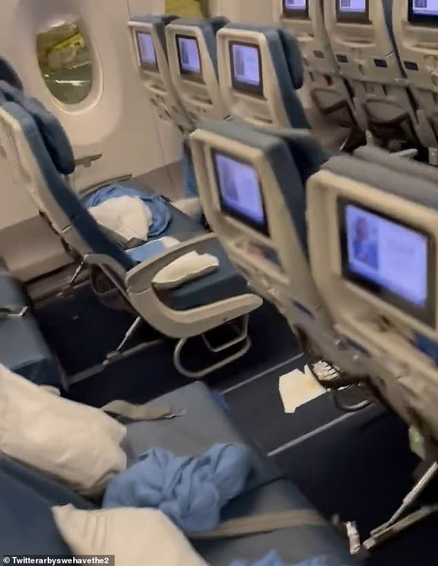 The footage showed a passenger walking almost the entire length of the plane to reveal the extent of the liquid stool