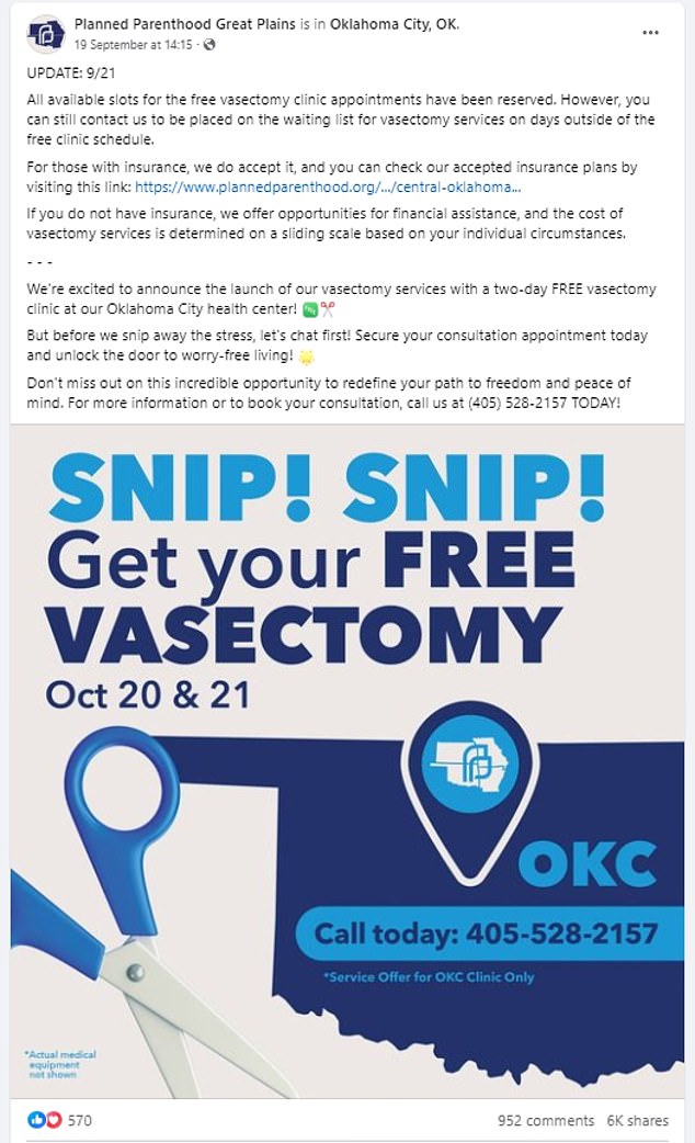 The free vasectomies were announced in the above post, which was shared more than 6,000 times and received 900 comments