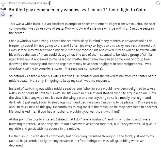 A frequent flier has revealed she refused to swap her window seat with an 'entitled' passenger so he could sit next to his wife