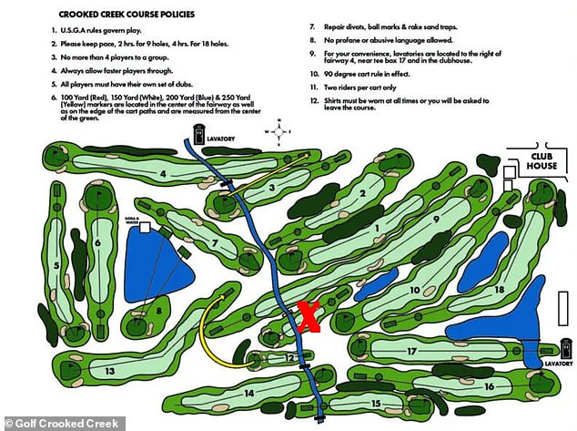 The red X on this map of the golf course shows the rugged area where the altercation allegedly occurred