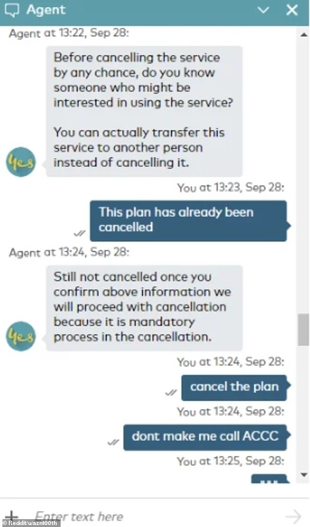 A disgruntled customer took to Reddit on Thursday to share screenshots of their conversation with a customer service representative (photo)