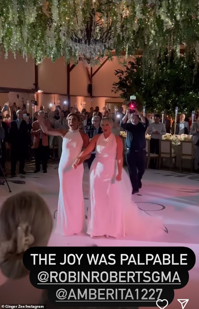 Both Robin Roberts and Amber Laign had their hair up and headed to the reception in Farmington Gardens as the song Can You Feel The Love Tonight played at their wedding reception this weekend.