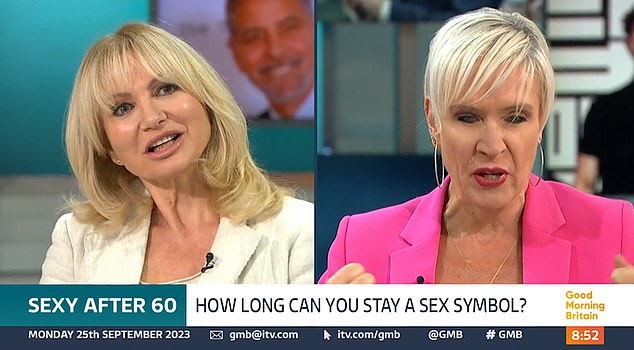 That's not very nice: GMB viewers were in an uproar on Monday over 'rude and disrespectful' Debbie Arnold's (left) 'ageist' comments about Joan Collins, 90, while actress, 68, said: 'If you have sex with her if she had, she would fall to pieces