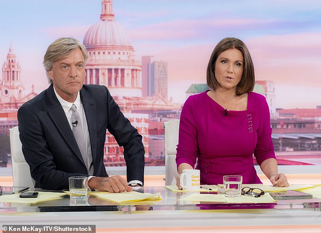 Tough: Good morning Britain's Susanna Reid, 52, toughly questioned co-host Richard Madeley, 67, about his 2007 interview with Russell Brand, live on air Monday