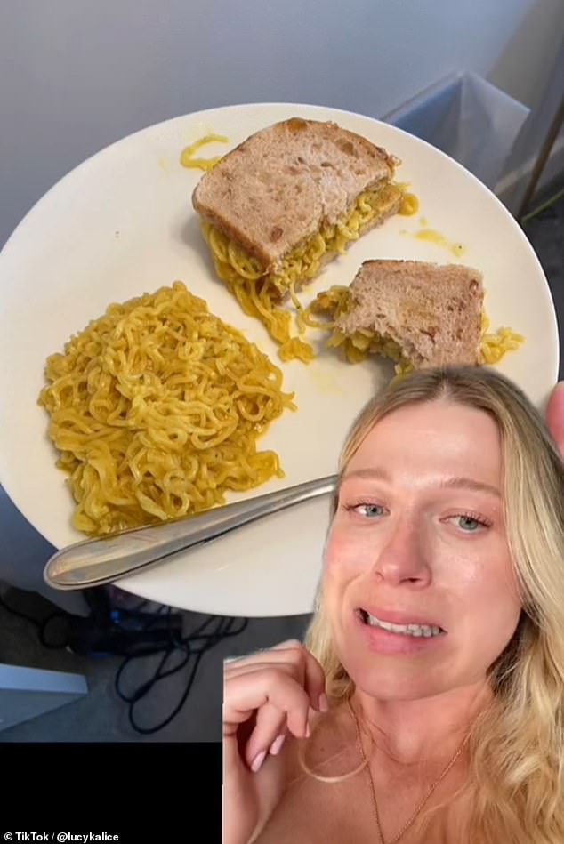 The TikToker then saved 'the best for last', a sandwich filled to the brim with instant noodles, which she rated zero out of ten