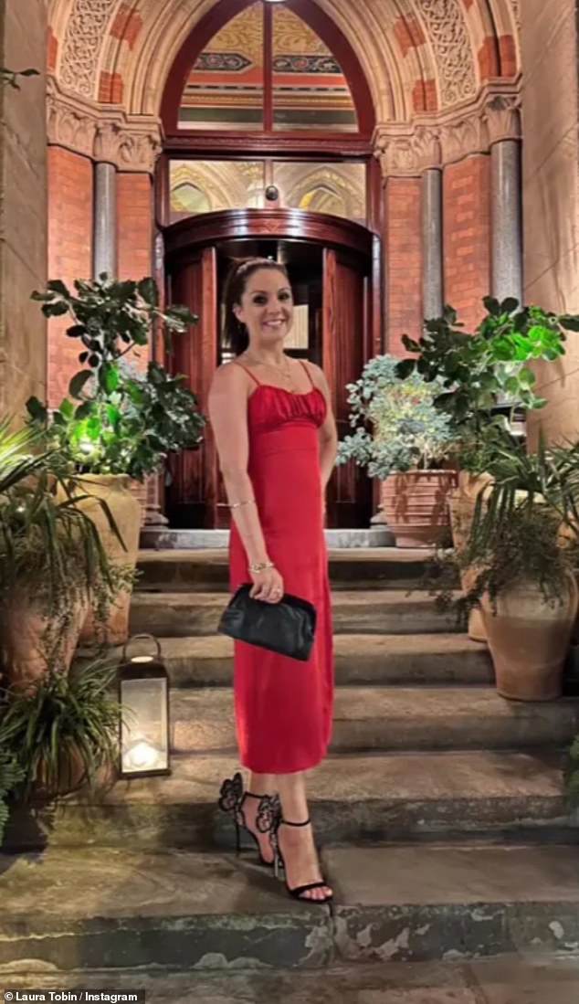 Stunningly gorgeous: Laura Tobin took to Instagram this weekend to share a slew of snaps looking sensational in a red satin dress at London Fashion Week