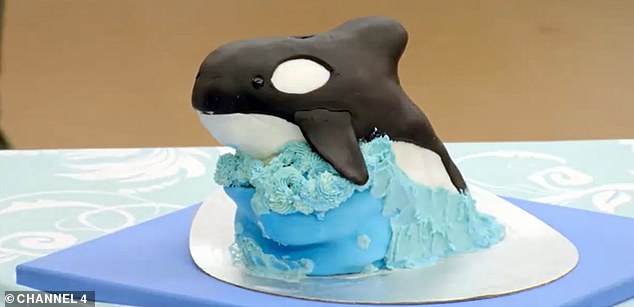 Show stopper: Amos made a cake in the shape of a whale for this task, but failed to impress judges Paul Hollywood and Prue Leith, who told him the cake was 'bone dry' and overcooked