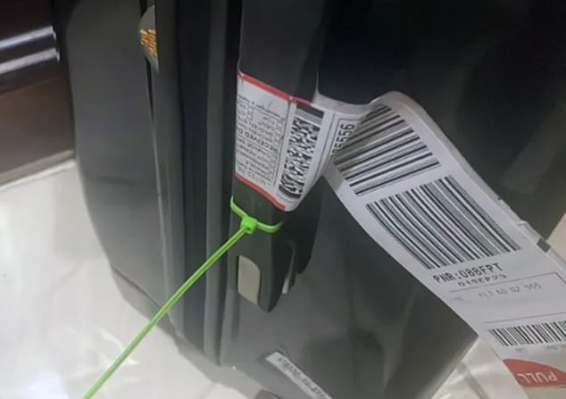 An Australian tourist found a bright green zip on his suitcase (above) after landing in Bali