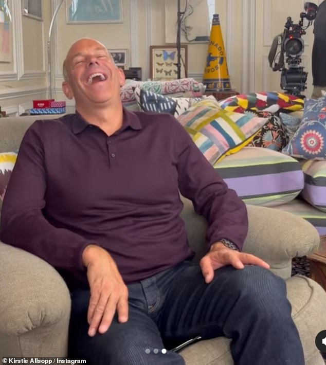 Supported: Phil Spencer smiled on set as he filmed with Kirstie Allsopp on Tuesday, after returning to work following the tragic death of his beloved parents