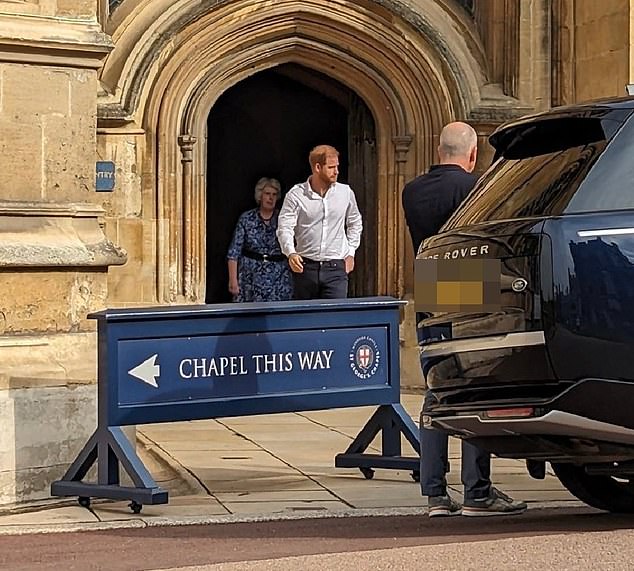 Prince Harry left St George's Chapel in Windsor yesterday afternoon to mark the first anniversary of the Queen's death.  Her Majesty is buried there next to her husband Prince Philip