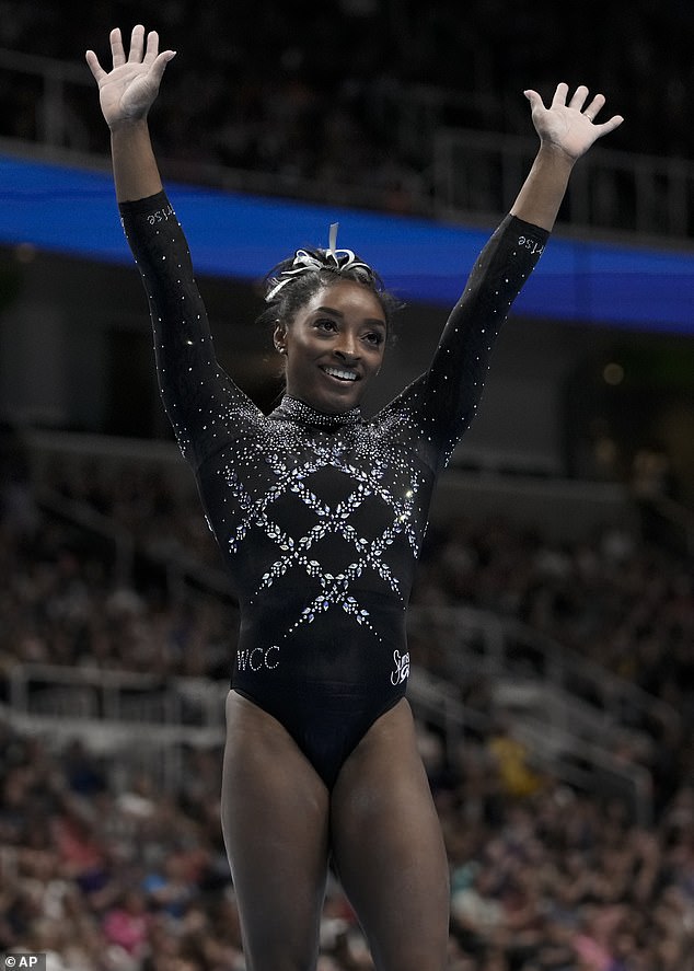 The gymnast (shown at the US Gymnastics Championships) made a triumphant return to the sport last month - after a two-year hiatus