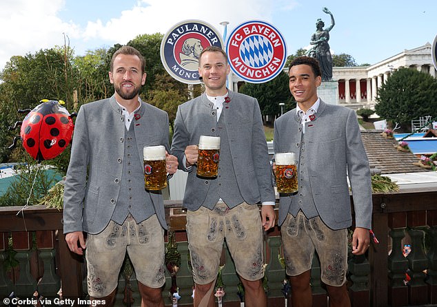 The England captain enjoyed a beer with teammates Manuel Neuer and Jamal Musiala