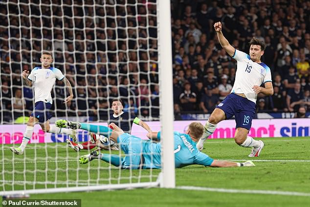 Maguire came into action against Scotland at half-time and scored an unfortunate own goal (above)