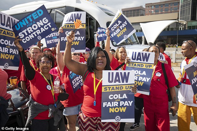 United Auto Workers members attend a solidarity rally Friday as the UAW attacks the Big Three automakers in Wayne, Michigan
