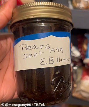 'Oh no,' Karinne exclaimed, holding up a jar of homemade candied pears, which had a handwritten label indicating its origin in September 1999.