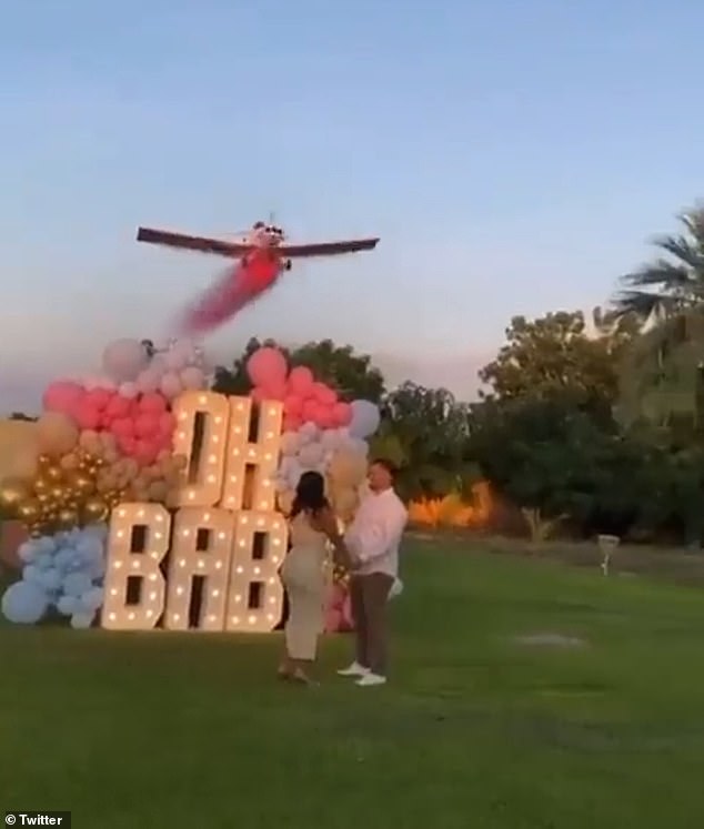 The happy couple celebrated their pregnancy with family and friends in Sinaloa, Mexico, renting a small plane to fly by and dump pink or blue colored powder to indicate the sex of their baby.