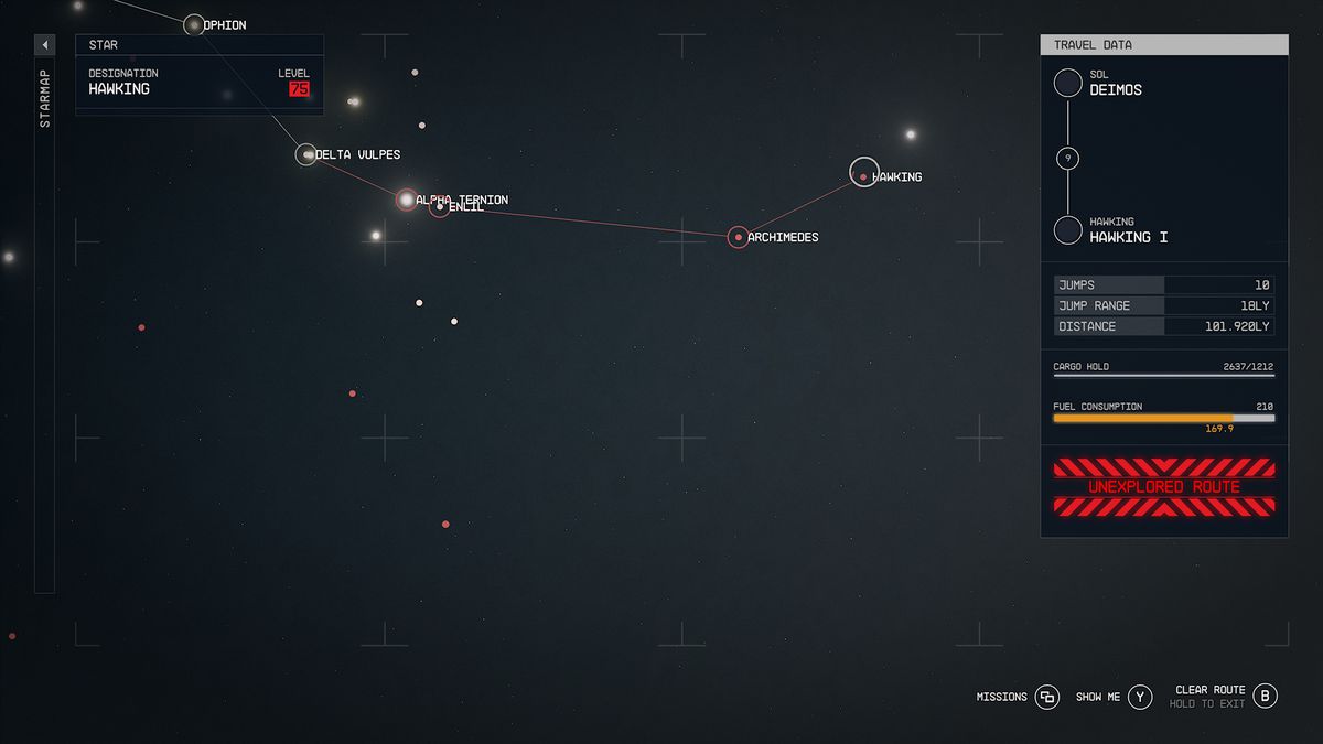 Starfield Starmap with an 'Undiscovered Route' warning