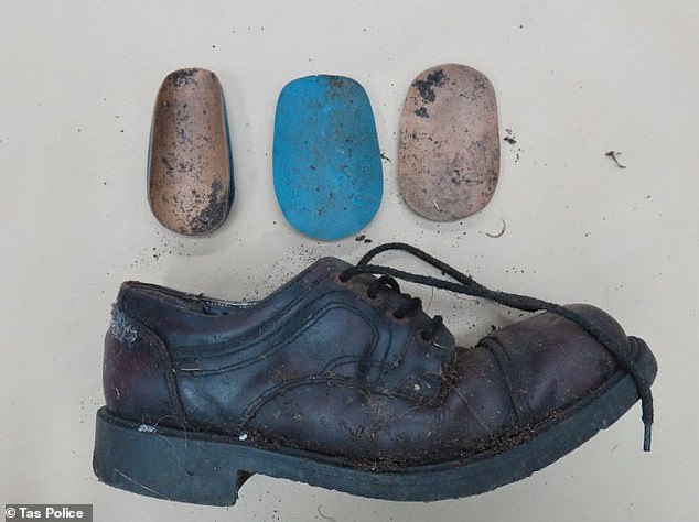 Images of items found next to the human remains have been released in an attempt to identify the person (photo: the right dress shoe with various orthotics found)