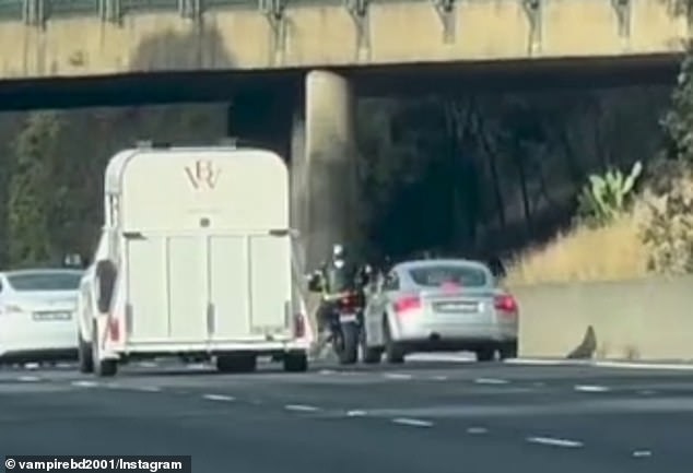 The incident took place on the Hume Highway near Casula in Sydney's south-west, with a motorcycle and a silver Audi seen moving back and forth between lanes just before the collision.