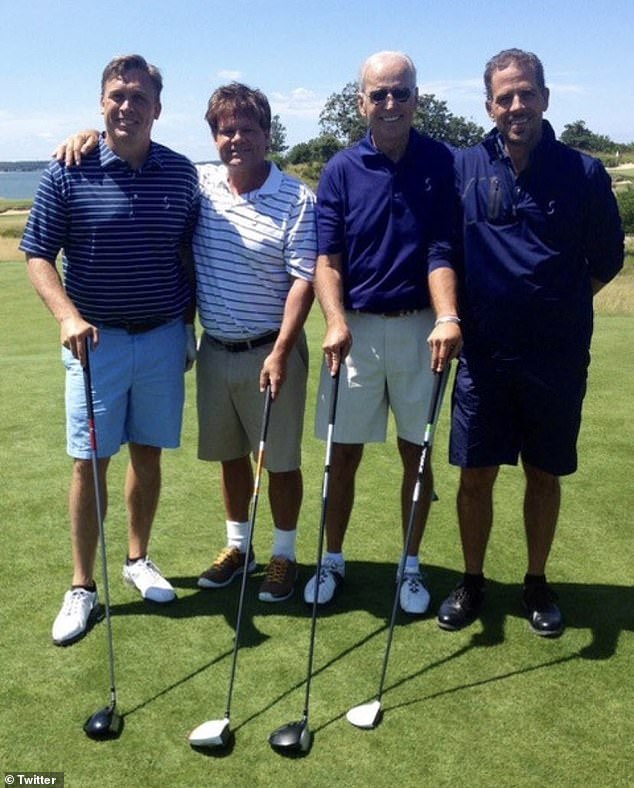 Devon Archer, far left, playing golf in the Hamptons with former Vice President Joe Biden and his son Hunter, far right, in 2014