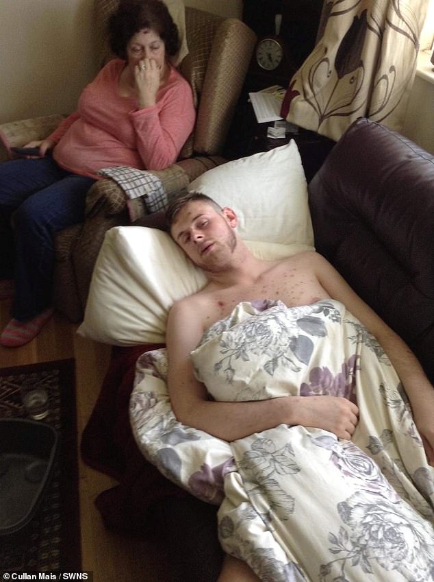 Cullan, pictured, aged 29, recovering in bed from sepsis and pneumonia after a major relapse