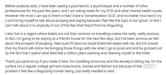 A woman has revealed she spends an hour wiping after she poops because she suffers from 'endless wipe syndrome'