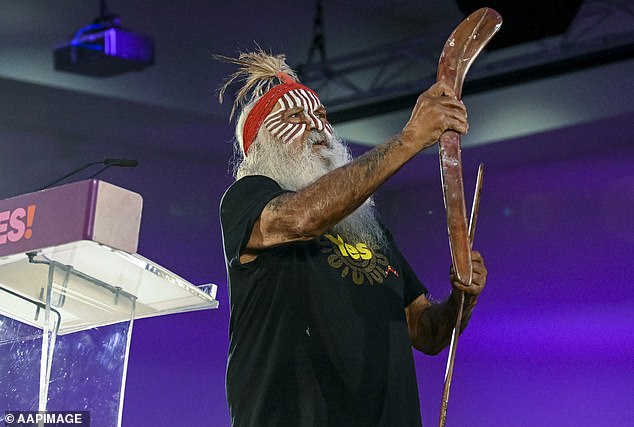 A RedBridge poll in the first week of September found that only 39 percent of people plan to vote 'Yes' in the upcoming referendum on October 14.  An Indigenous man is pictured performing a 'Welcome to Country' ceremony during Yes23's official campaign launch.