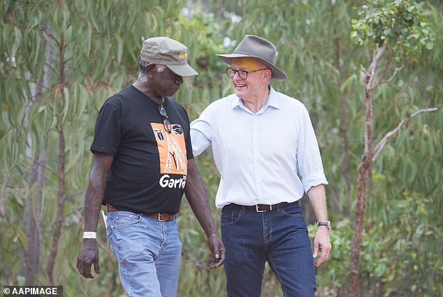 The referendum rules give extra weight to votes cast by people whose residential addresses are in the Australian states, but not in the ACT or Northern Territory.  Pictured Anthony Albanese with Yothu Yindi board member Djaawa Yunupingu in East Arnhem Land in 2022