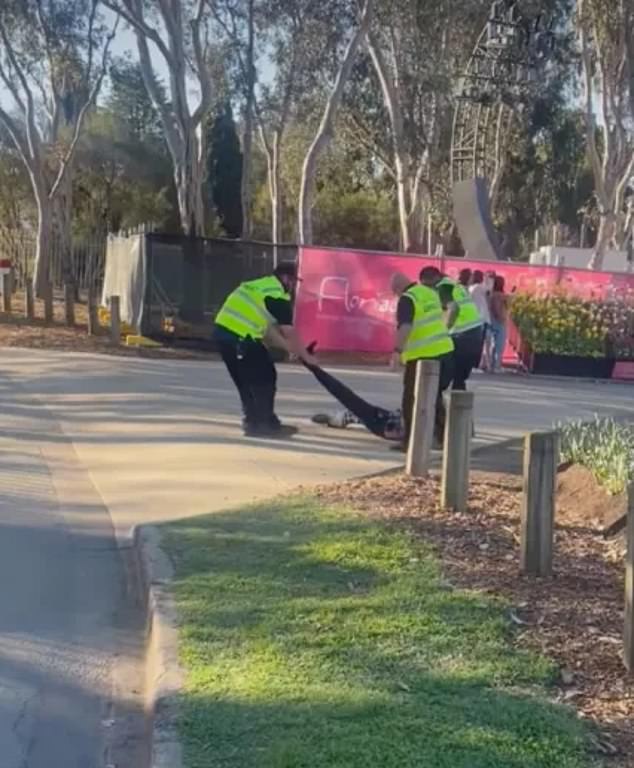 Drunken man was dragged by his arms and legs by security (pictured) after refusing guard's attempts to submit