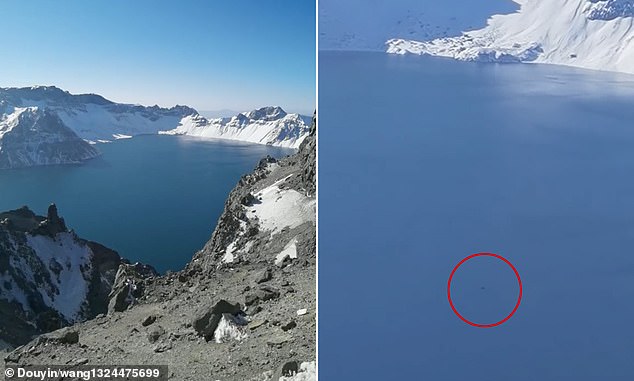 Eerie images show a black circular object floating on the surface of Heaven Lake