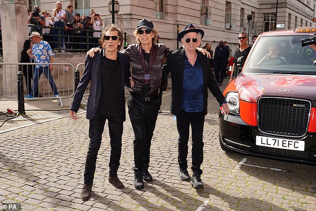 From right to left: Ronnie Wood, Sir Mick Jagger and Keith Richards at the Rolling Stones Hackney Diamonds launch event in London