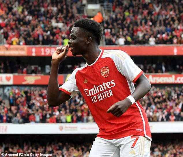 Bukayo Saka (above) stole James Maddison's celebration in the North London derby