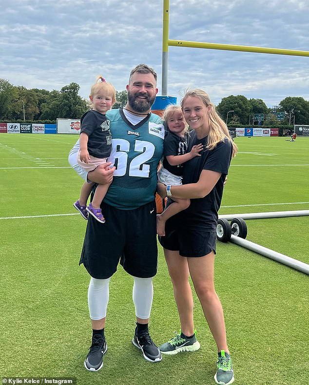 Jason Kelce pictured with wife Kylie and daughters Wyatt (3) and Elliotte (2) last year