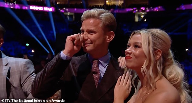 Proud: Jeff Brazier burst into tears of joy as his son Bobby took home the Rising Star award at the National Television Awards on Tuesday